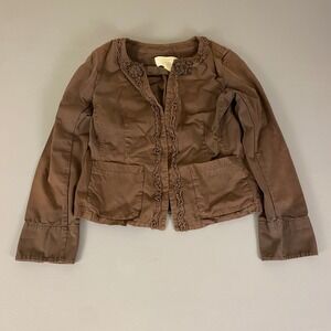 J. Crew Chino Jacket Size 10 Ruffle Trim Brown Twill Classic‎ Fitted Cotton